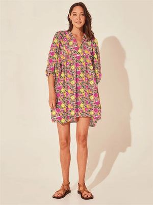 Women's Polyester V-Neck Long Sleeve Printed Pattern Mini Dress