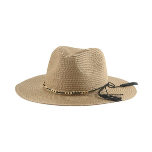 Women's Straw Solid Pattern Trendy Sun Protection Chain Brim Hat