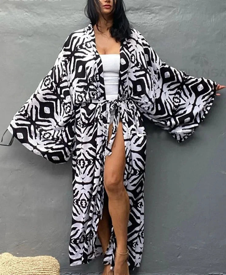 Women's Polyester Long Sleeves Printed Pattern Bathing Cover Up