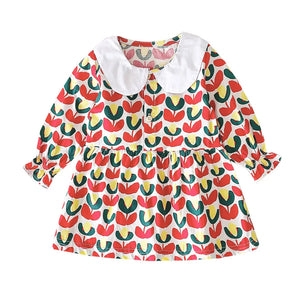 Kid's Girl Cotton Long Sleeve Floral Pattern Princess Dress