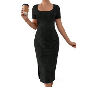 Women's Polyester Square-Neck Short Sleeves Solid Maternity Dress