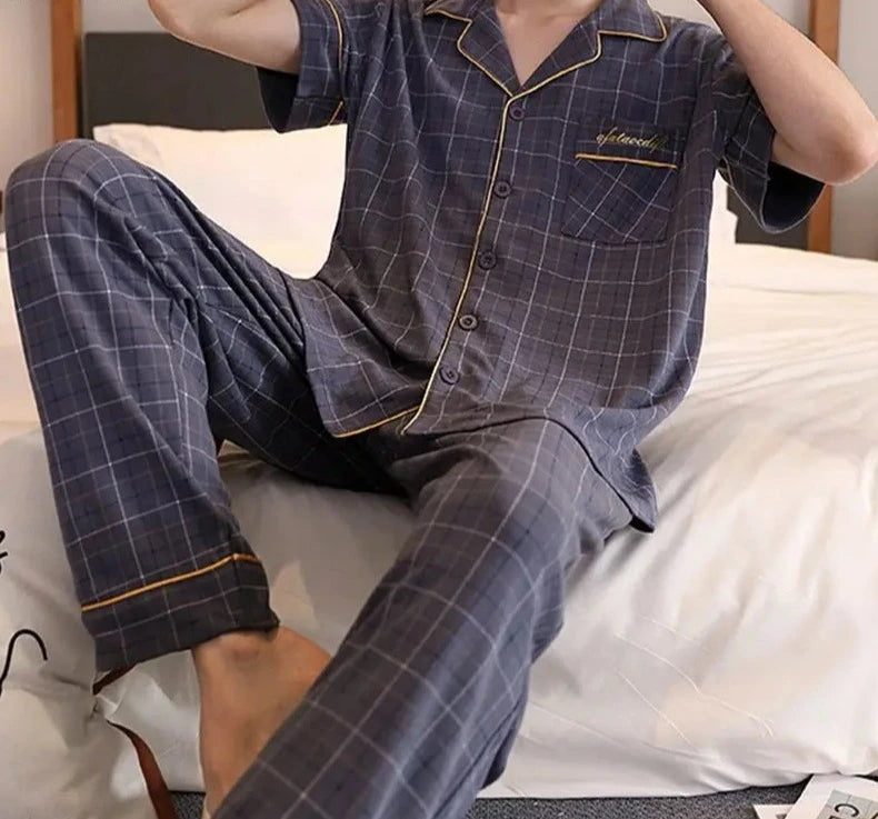 Men's Cotton Turn-Down Collar Short Sleeves Sleepwear Pajamas Set