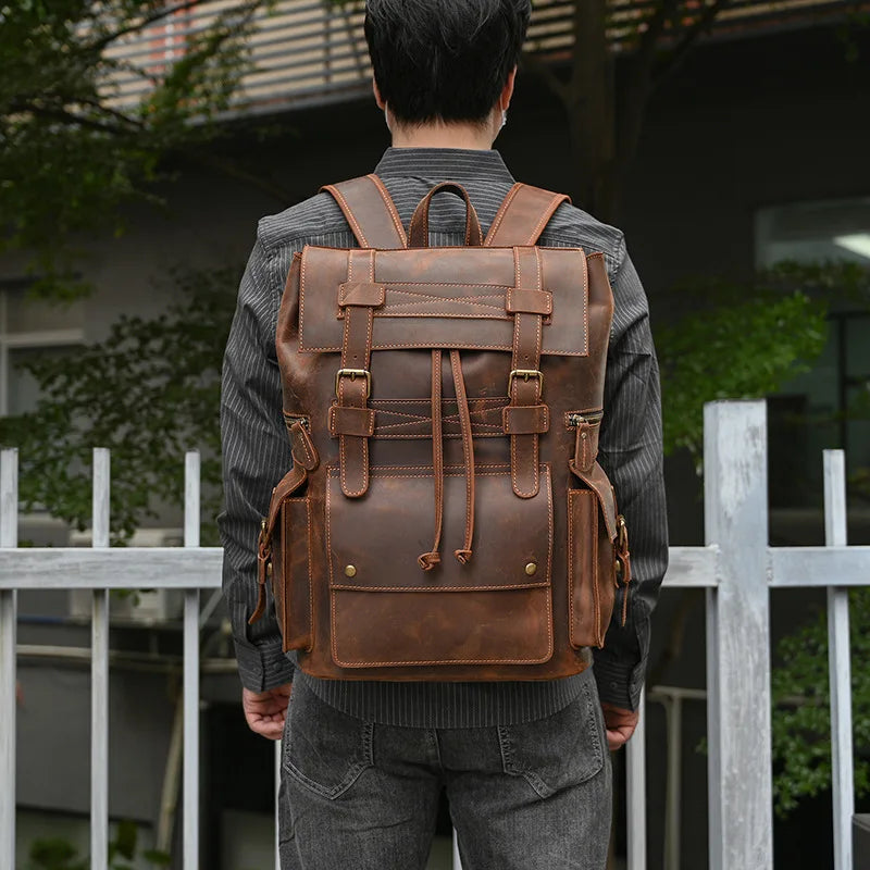 Men's Genuine Leather Zipper Closure Slot Pattern Casual Backpack