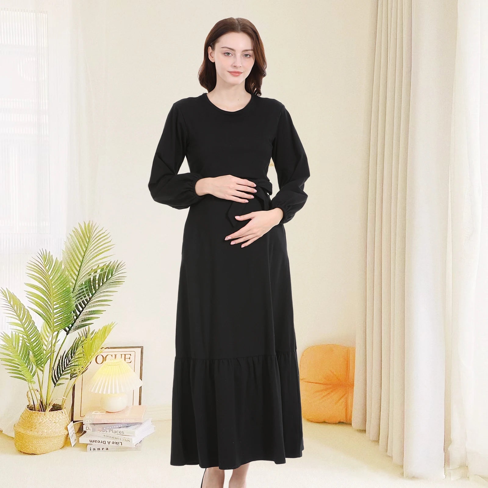 Women's Cotton O-Neck Long Sleeve Solid Pattern Maternity Dress