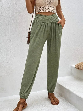 Women's Polyester Elastic Closure High Waist Casual Wear Trousers