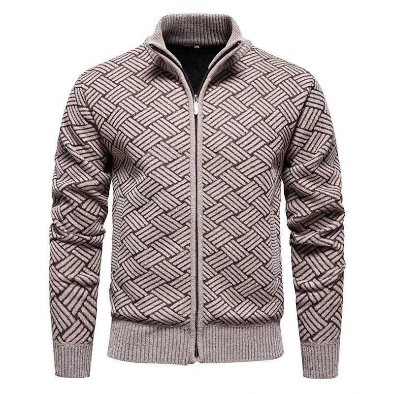 Men's Polyester Stand-Collar Full Sleeves Zipper Closure Sweater