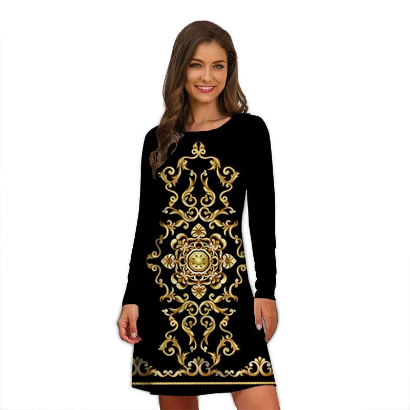 Women's Polyester O-Neck Long Sleeves Mini Casual Vintage Dress