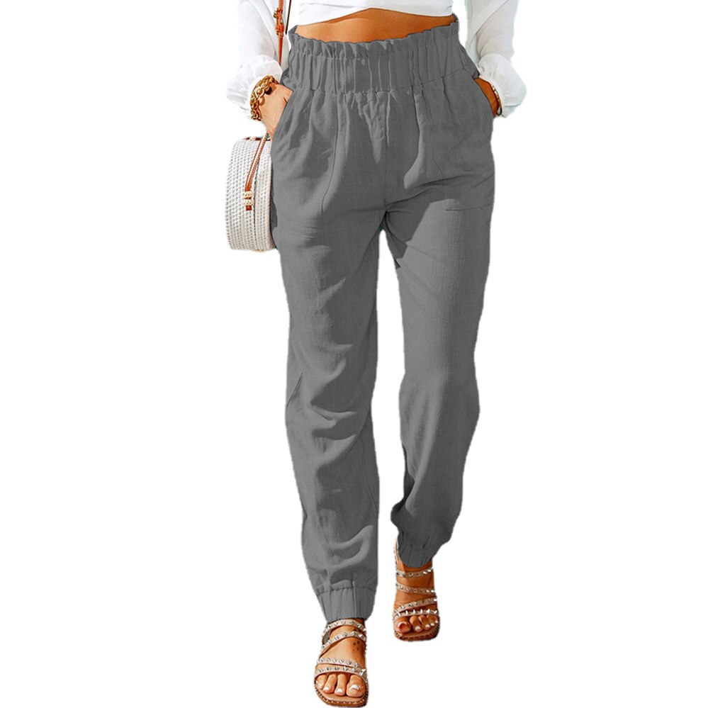 Women's Cotton Elastic Mid Waist Closure Plain Elegant Pants