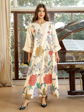 Women's Arabian Polyester Full Sleeves Floral Pattern Dress