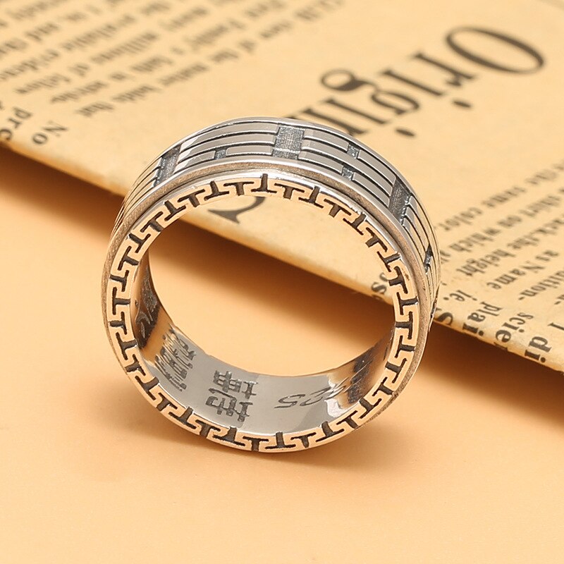 Men's 100% 925 Sterling Silver Round Pattern Punk Engraved Ring