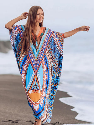 Women's Polyester Long Sleeves Printed Kaftan Beach Cover Up