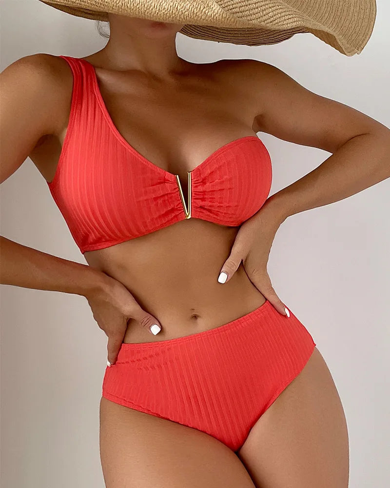 Women's Polyester Mid Waist Swimwear Solid Pattern Bikini Set