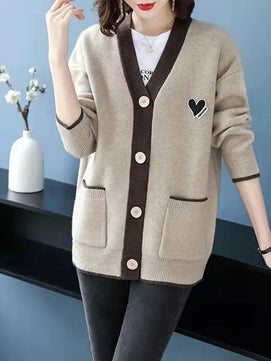 Women's Polyester V-Neck Long Sleeves Solid Pattern Cardigan