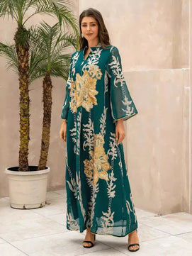 Women's Arabian Polyester Full Sleeves Embroidery Pattern Dress