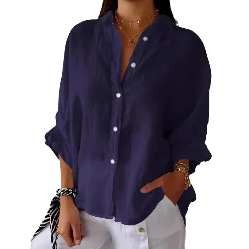 Women's Polyester Turn-Down Collar Long Sleeves Solid Blouse