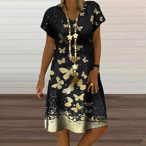 Women's Polyester V-Neck Short Sleeves Mini Printed Vintage Dress