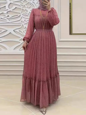 Women's Arabian Polyester Full Sleeves Pleated Pattern Long Dress