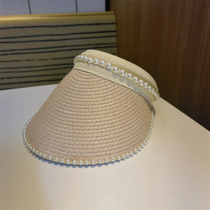 Women's Straw Adjustable Beaded Pattern Sun Protection Brim Hat