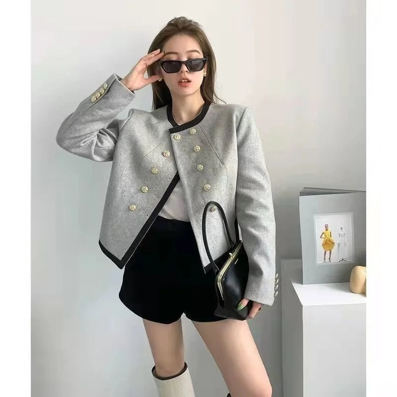 Women's Cotton O-Neck Long Sleeves Double Breasted Blazer