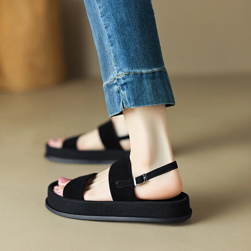 Women's Genuine Leather Round Toe Buckle Strap Closure Sandals