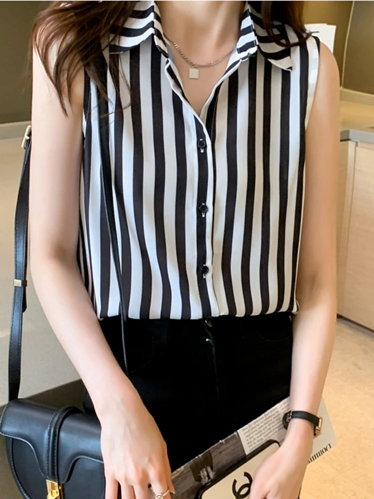 Women's Polyester Turn-Down Collar Sleeveless Striped Blouse