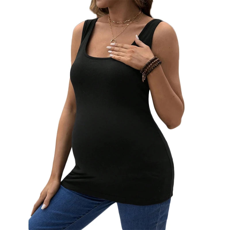 Women's Polyester O-Neck Sleeveless Solid Pattern Maternity Top