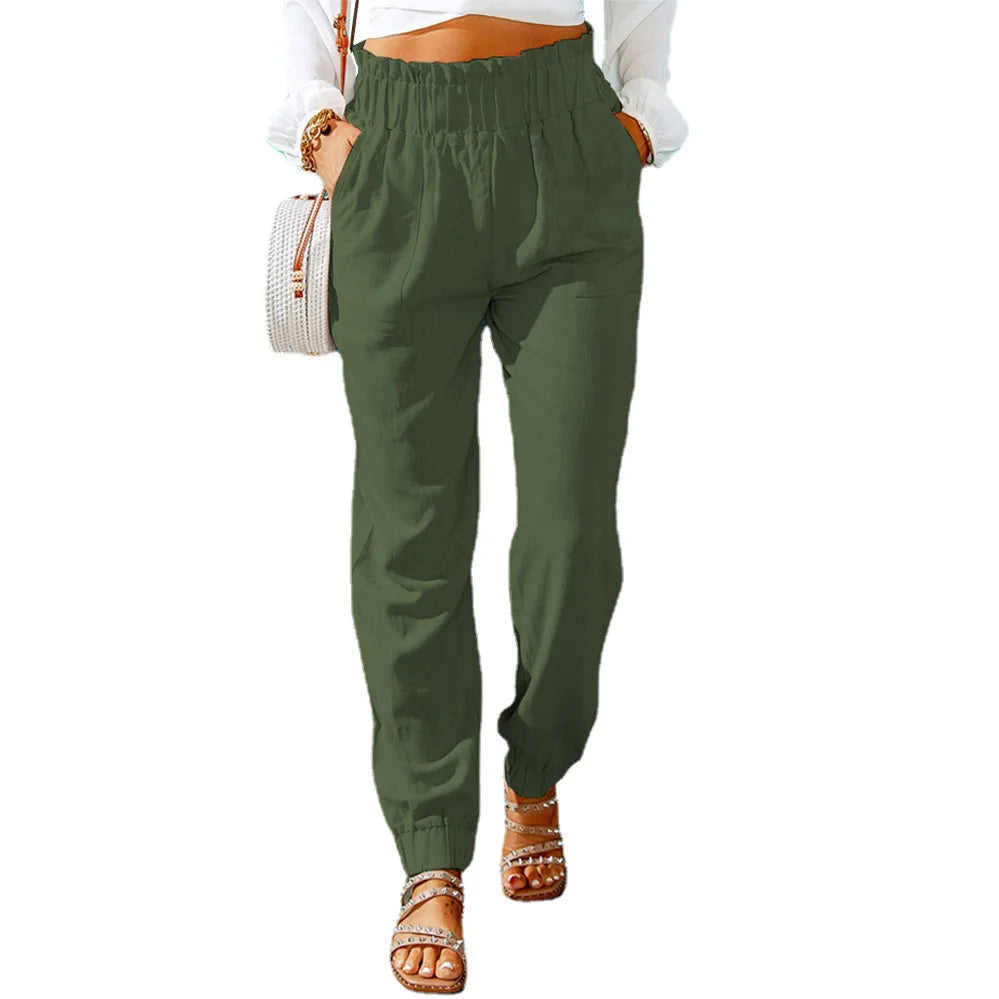 Women's Cotton Button Fly Closure Solid Pattern Casual Pants