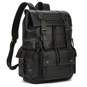 Men's Genuine Leather Zipper Closure Slot Pattern Casual Backpack