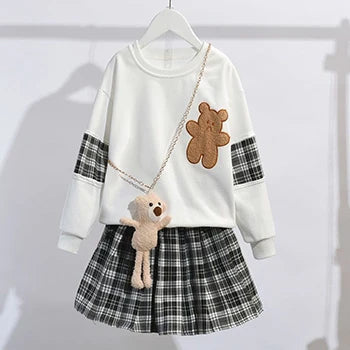 Kid's Cotton O-Neck Long Sleeves Pullover Closure Plaid Dress