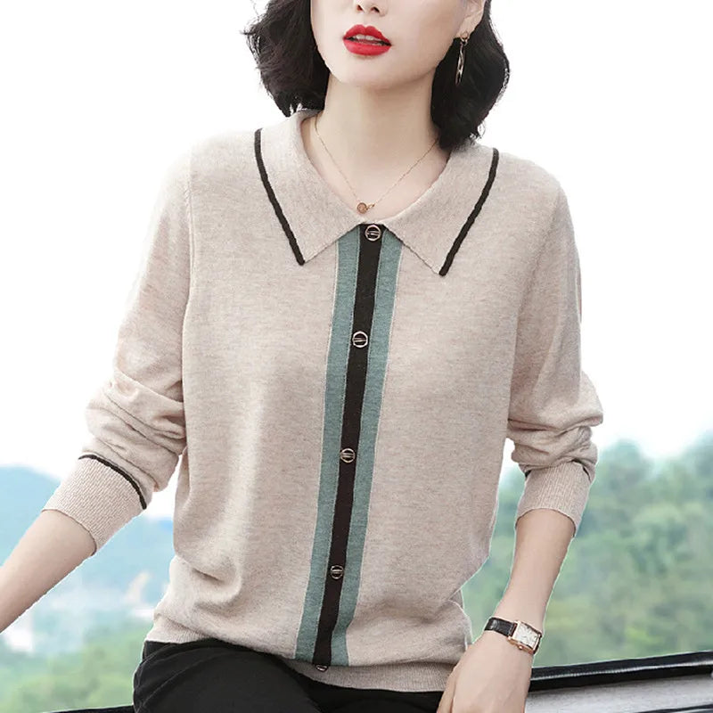 Women's Polyester Turn-Down Collar Full Sleeves Casual Sweater