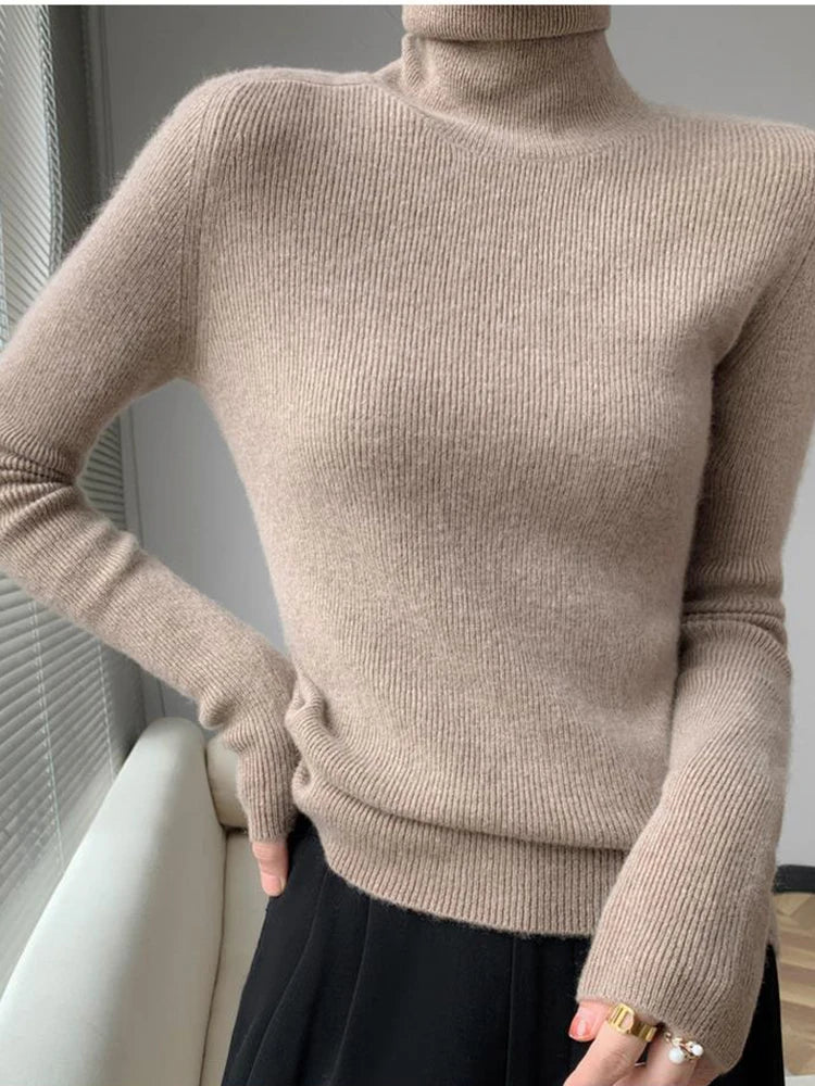 Women's Acrylic Turtleneck Long Sleeves Solid Pattern Sweater