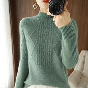 Women's Acrylic Mock-Neck Full Sleeves Knitted Pattern Sweater