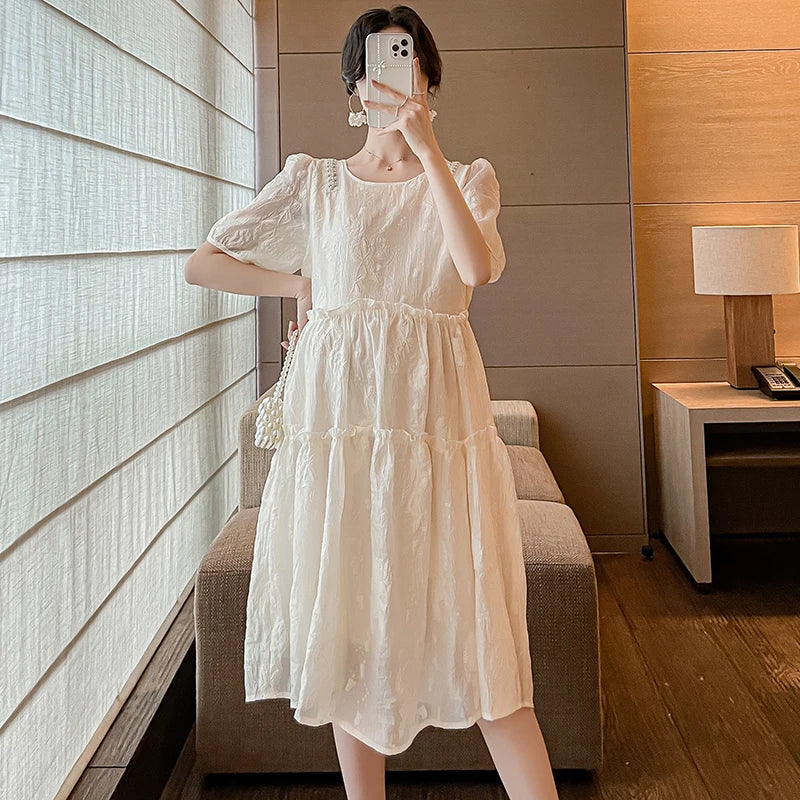 Women's Polyester O-Neck Short Sleeves Solid Maternity Dress