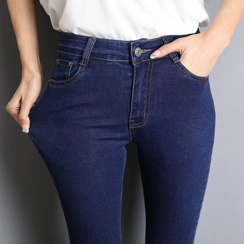 Women's Cotton High Elastic Waist Zipper Fly Closure Denim Pants