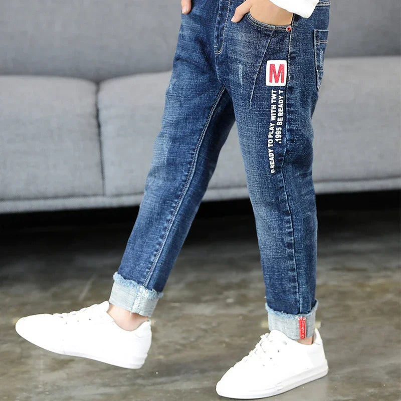 Kid's Cotton Mid Waist Elastic Closure Casual Wear Denim Pants