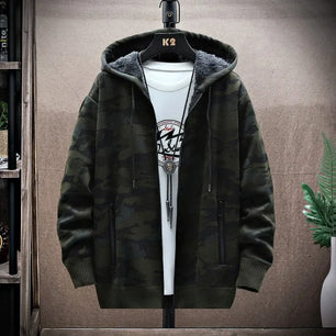 Men's Wool Full Sleeves Zipper Closure Hooded Camouflage Jacket