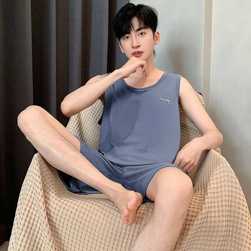 Men's Rayon O-Neck Sleeveless Pullover Trendy Sleepwear Set