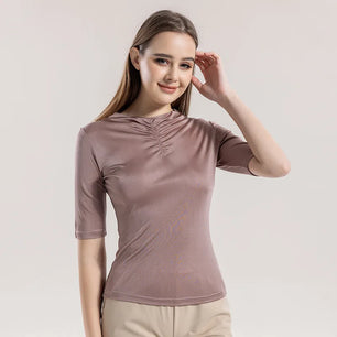 Women's Silk O-Neck Short Sleeve Solid Pattern Elegant Tops