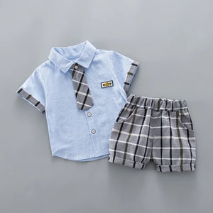 Kid's Boys Cotton Short Sleeves Plaid Pattern Casual Clothes