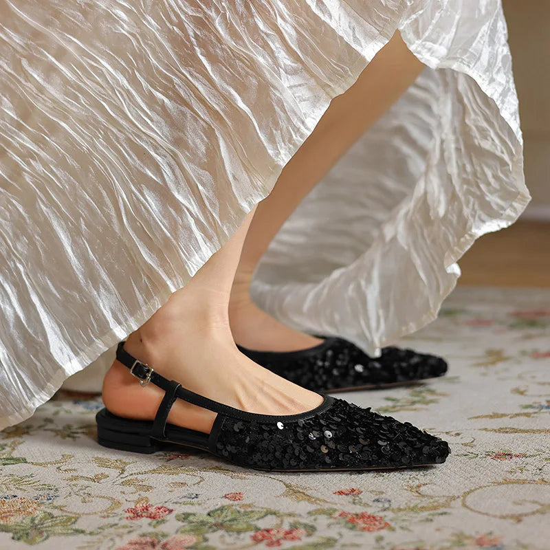 Women's Sequined Cloth Pointed Toe Buckle Strap Closure Shoes