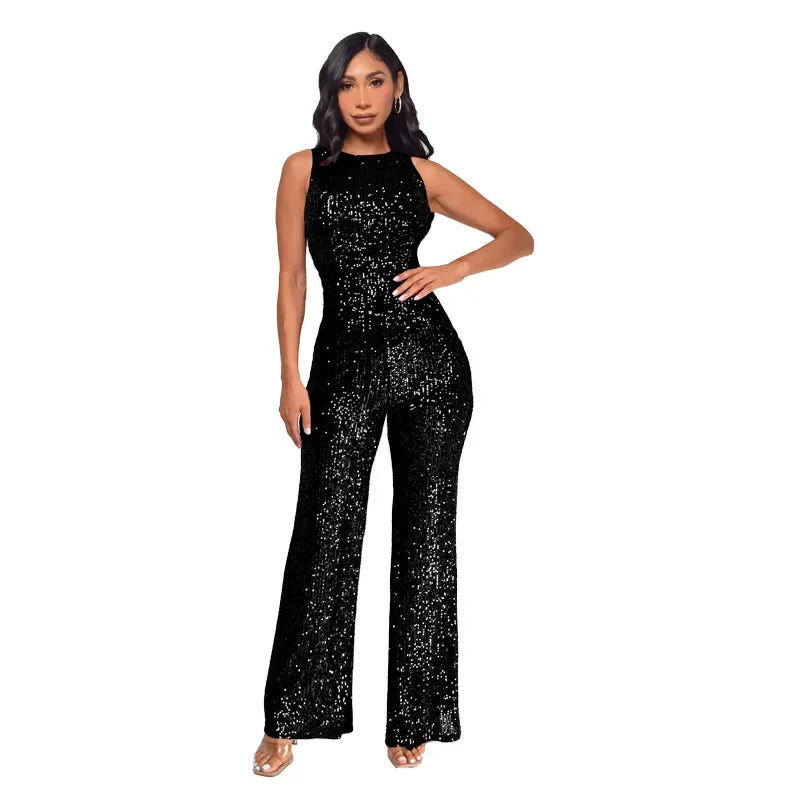 Women's Polyester O-Neck Sleeveless Sequined Pattern Jumpsuit