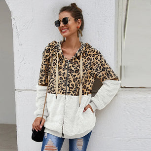 Women's Polyester Full Sleeve Leopard Pattern Zipper Hoodies