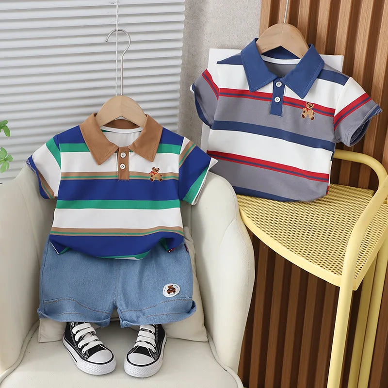 Baby Boy's Cotton Short Sleeves Striped Pattern Trendy Dress