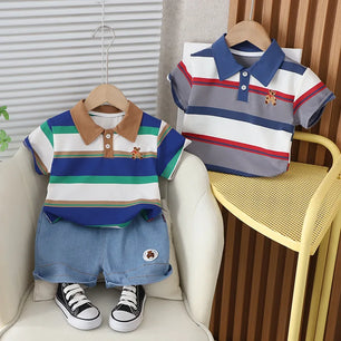 Kid's Boys Cotton Turn-Down Collar Short Sleeves Striped Clothes