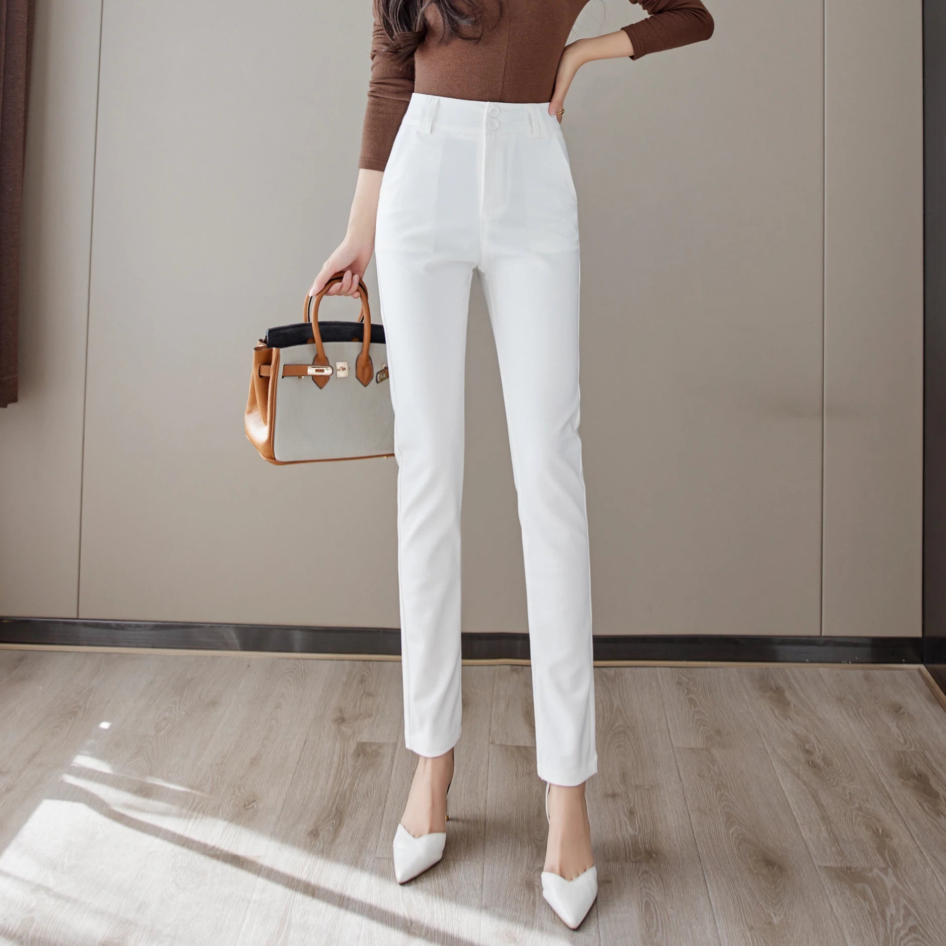 Women's Cotton High Waist Zipper Fly Closure Solid Pattern Pants