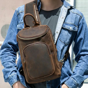 Men's Genuine Leather Zipper Closure Solid Pattern Shoulder Bag