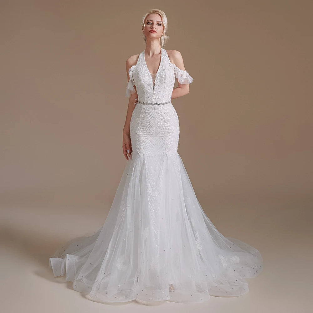 Women's V-Neck Short Sleeves Court Train Bridal Wedding Dress