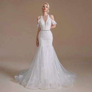 Women's V-Neck Short Sleeves Court Train Bridal Wedding Dress