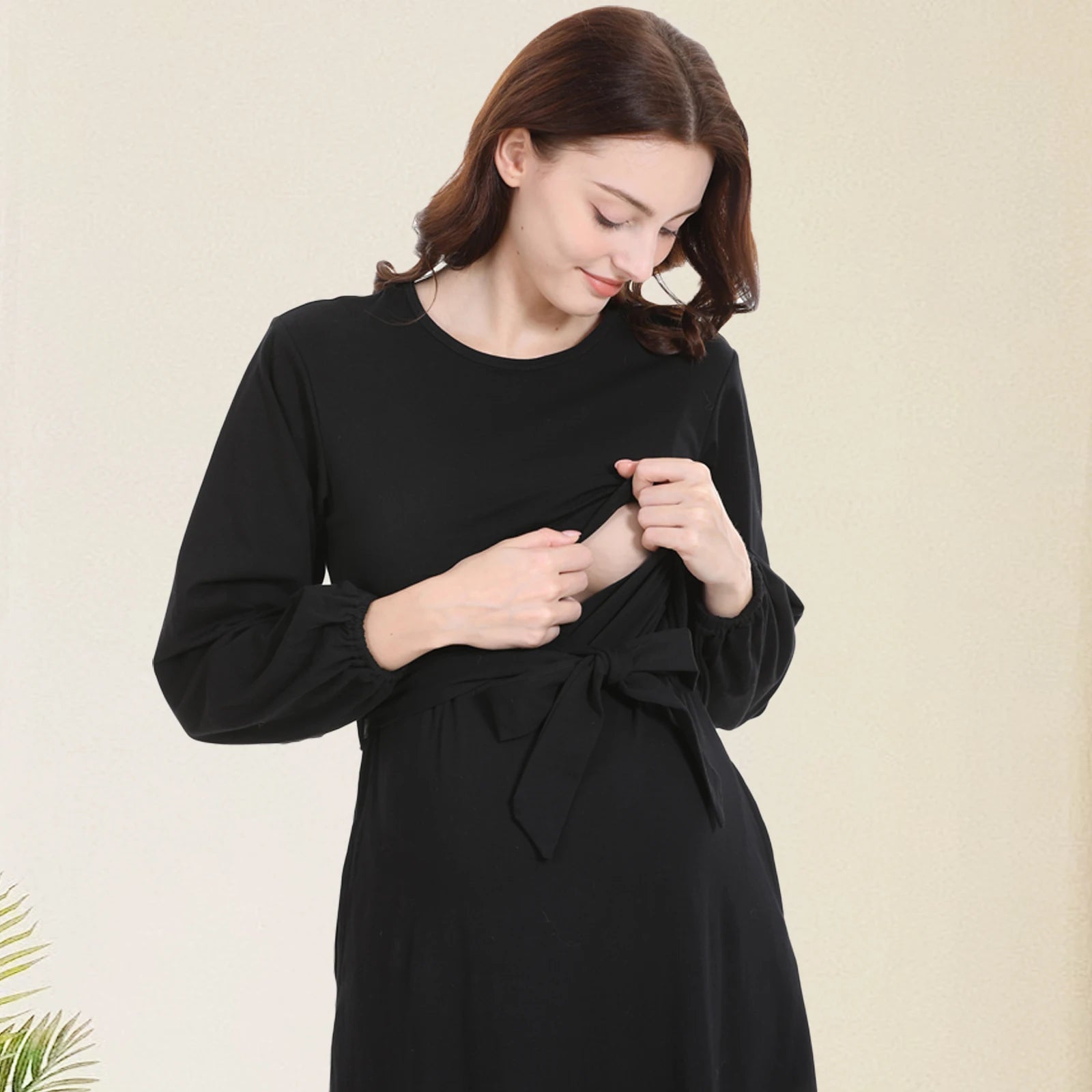 Women's Cotton O-Neck Long Sleeve Solid Pattern Maternity Dress