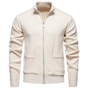 Men's Polyester Mandarin Collar Full Sleeves Zipper Sweater